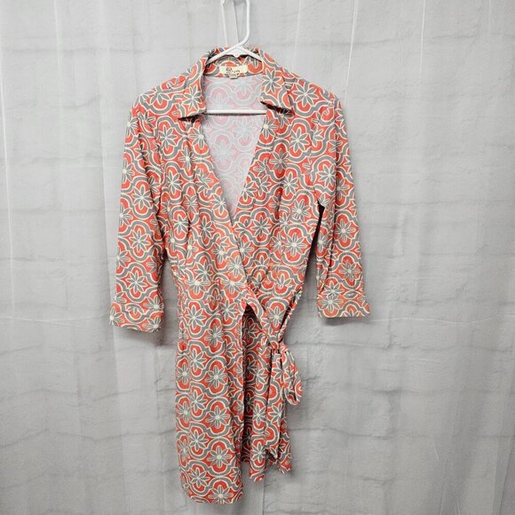 Aryeh Peach Gray Geometric True Wrap Mini Dress Boho Retro M - Picture 8 of 12